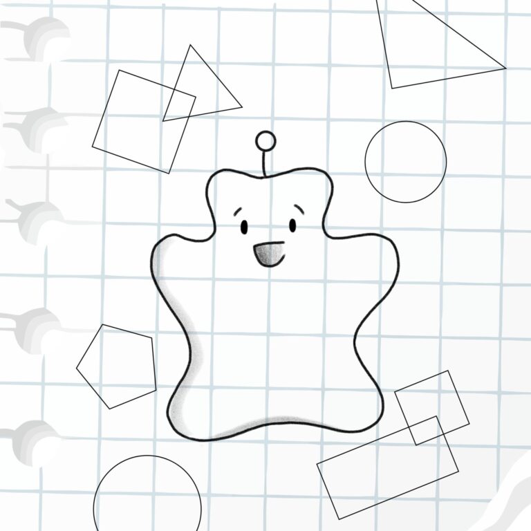 Cosmo the shape-shifting alien, surrounded by circles, triangles, squares, rectangles and pentagons